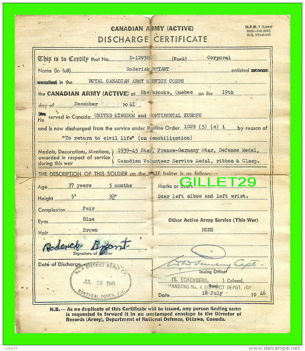 VIEUX DOCUMENTS - OLD DOCUMENT - CANADIAN ARMY DISCHARGE CERTIFICATE ON CANVAS 1945 - - Documents Historiques