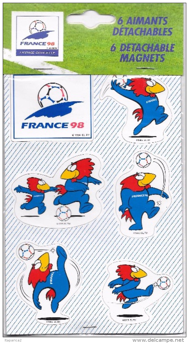 Rare Plaquette Neuve  6 Magnets Détachables Coupe Du Monde 98 Footix Mascotte De L'équipe De France / Licence Officielle - Autres & Non Classés