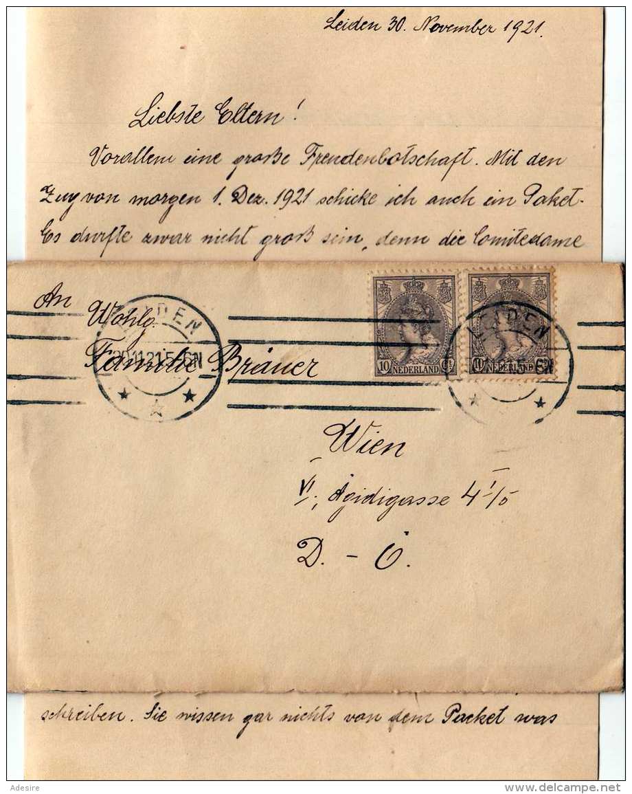 NIEDERLANDE 1921 - 2 Fach Frankierter Brief (Brief Mit Inhalt) Gel.v.Leiden Nach Wien VI - Briefe U. Dokumente