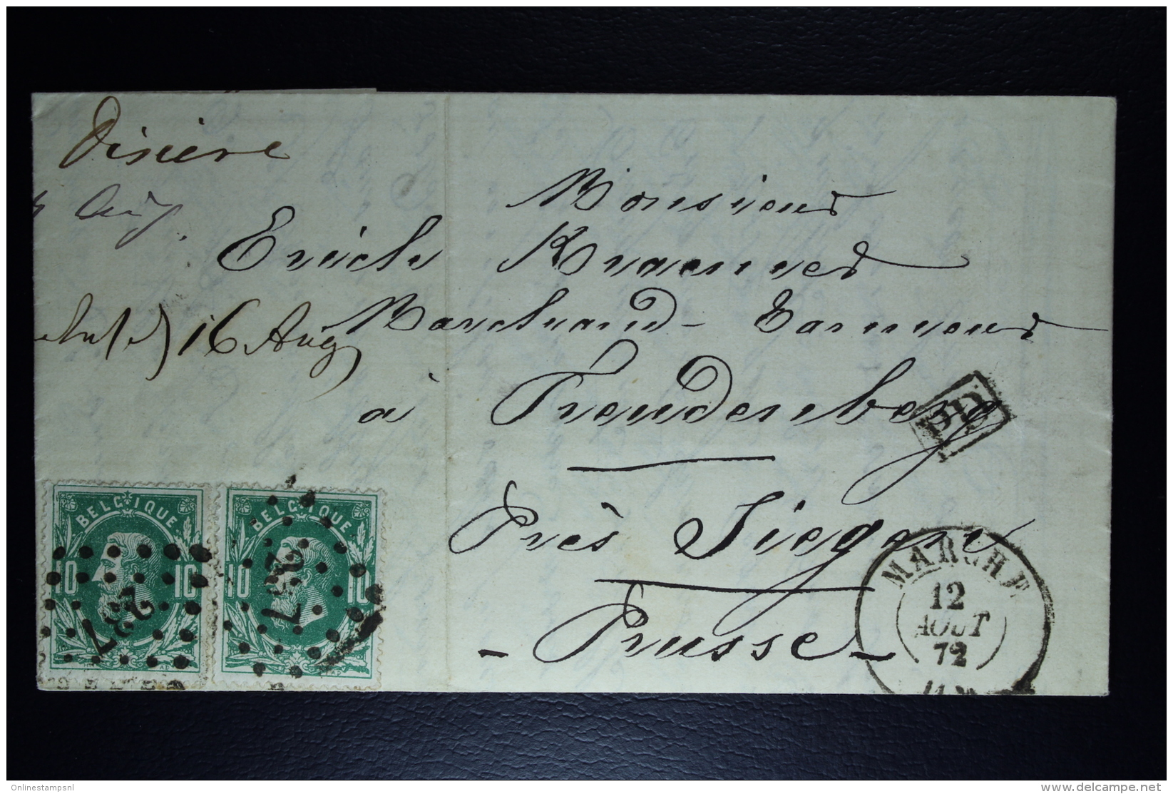 Belgium Letter From Marche Pointcancel 237 With 2* OPB 30 To Prussia PD + AUSG. On Back - 1869-1883 Leopold II.