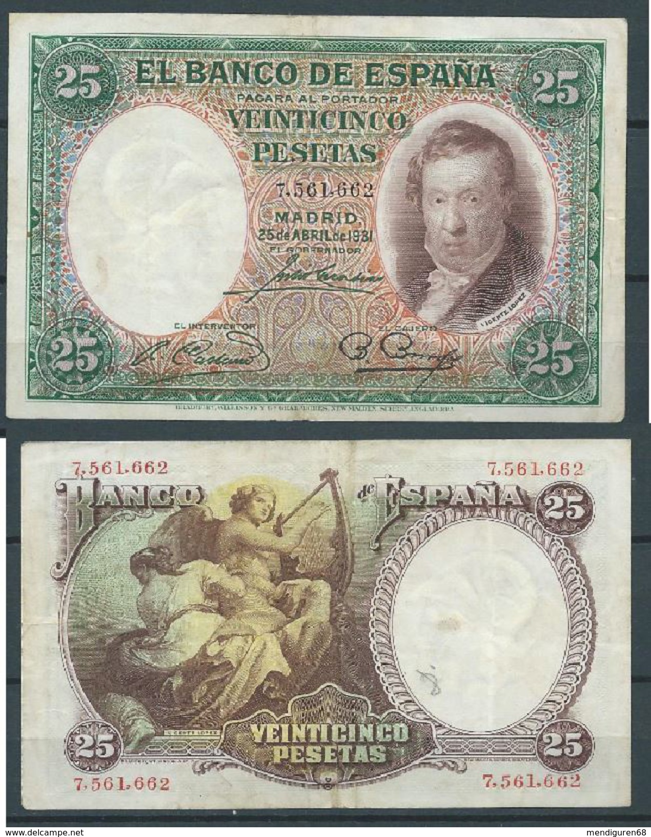 ESPAGNE SPANIEN SPAIN ESPAÑA 1931 24 ABRIL 25 PTAS VICENTE LOPEZ 2ª REPÚBLICA ESPAÑOLA - 25 Pesetas