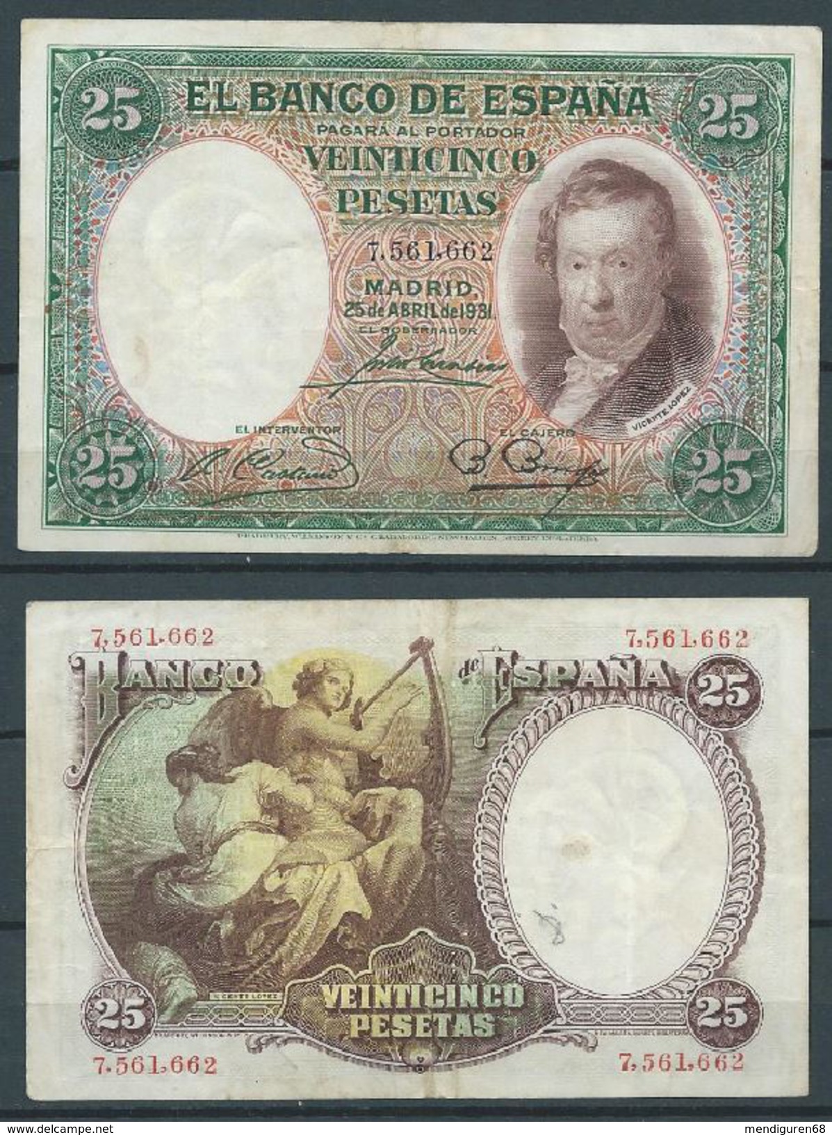 ESPAGNE SPANIEN SPAIN ESPAÑA 1931 24 ABRIL 25 PTAS VICENTE LOPEZ 2ª REPÚBLICA ESPAÑOLA - 25 Pesetas