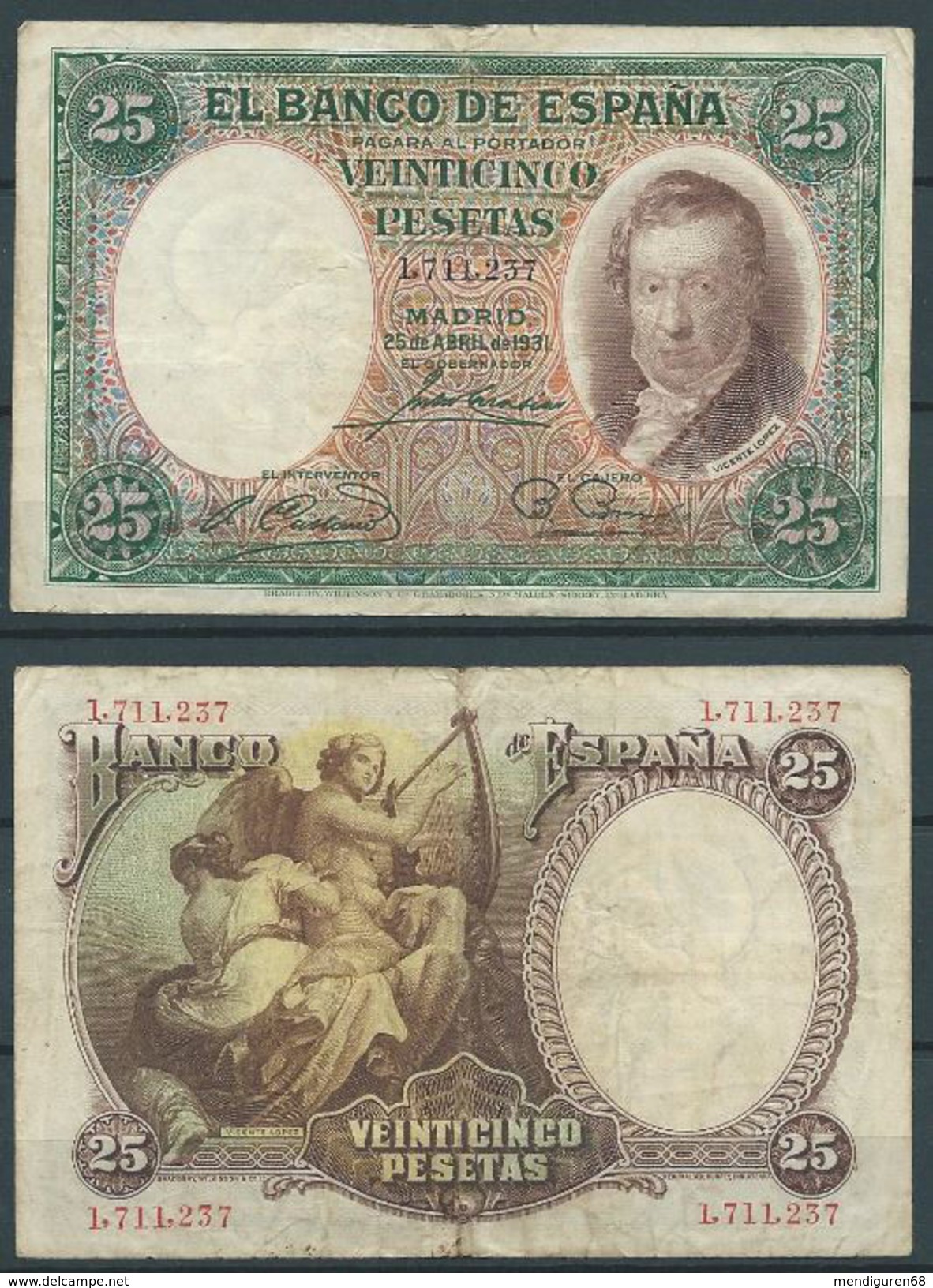 ESPAGNE SPANIEN SPAIN ESPAÑA 1931 24 ABRIL 25 PTAS VICENTE LOPEZ 2ª REPÚBLICA ESPAÑOLA - 25 Pesetas