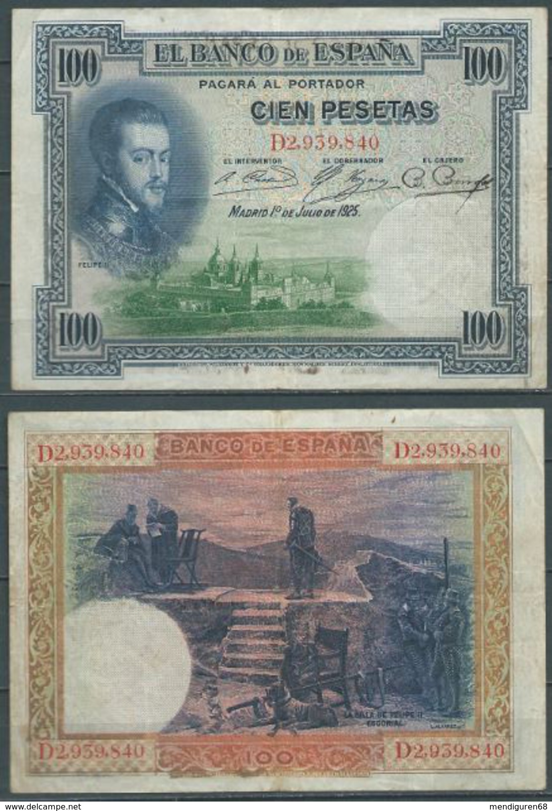 ESPAGNE SPANIEN SPAIN ESPAÑA 1925 1 DE JULIO FELIPE II 100 PTAS - 100 Pesetas