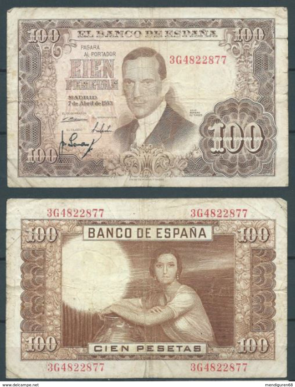 ESPAGNE SPANIEN SPAIN ESPAÑA 1953 2 DE ABRIL JULIO ROMERO DE TORRES 100 PTAS ESTADO ESPAÑOL - 100 Pesetas