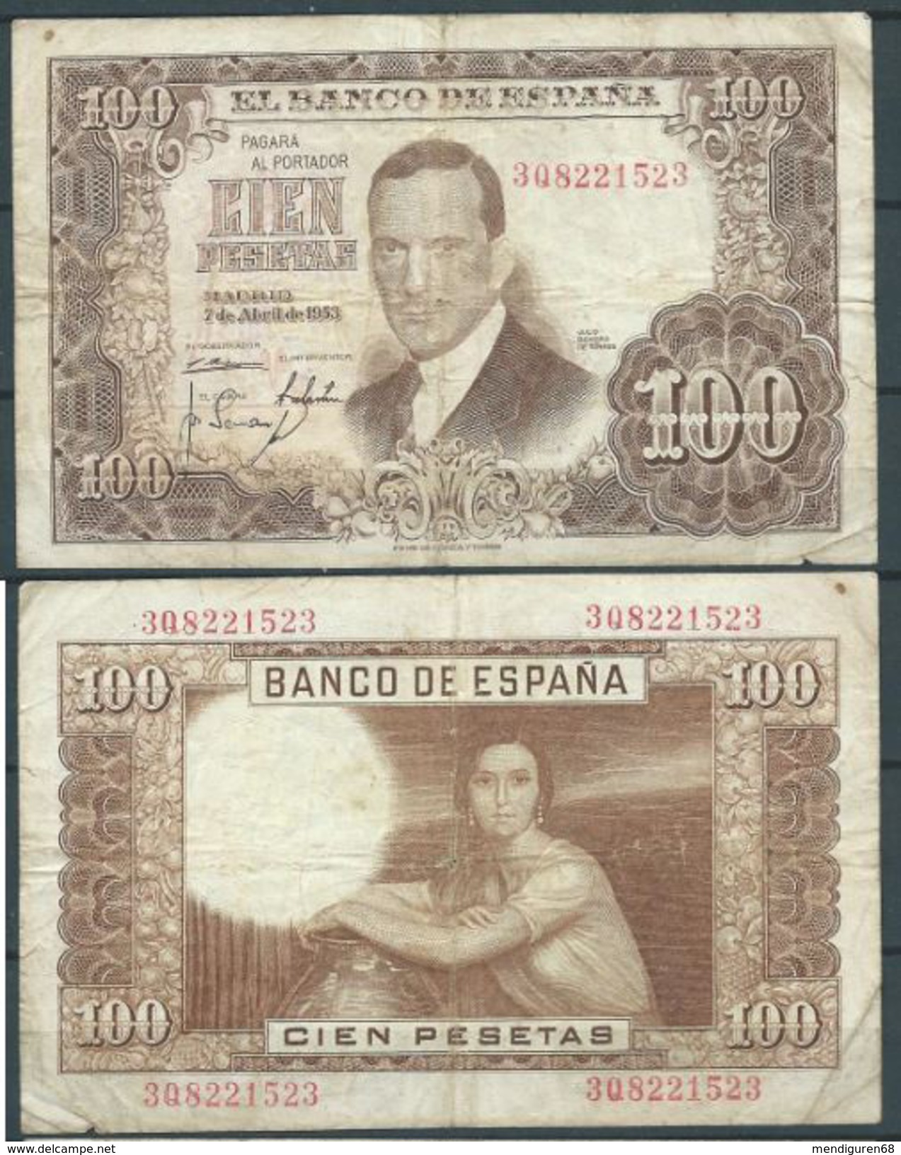 ESPAGNE SPANIEN SPAIN ESPAÑA 1953 2 DE ABRIL JULIO ROMERO DE TORRES 100 PTAS ESTADO ESPAÑOL - 100 Peseten