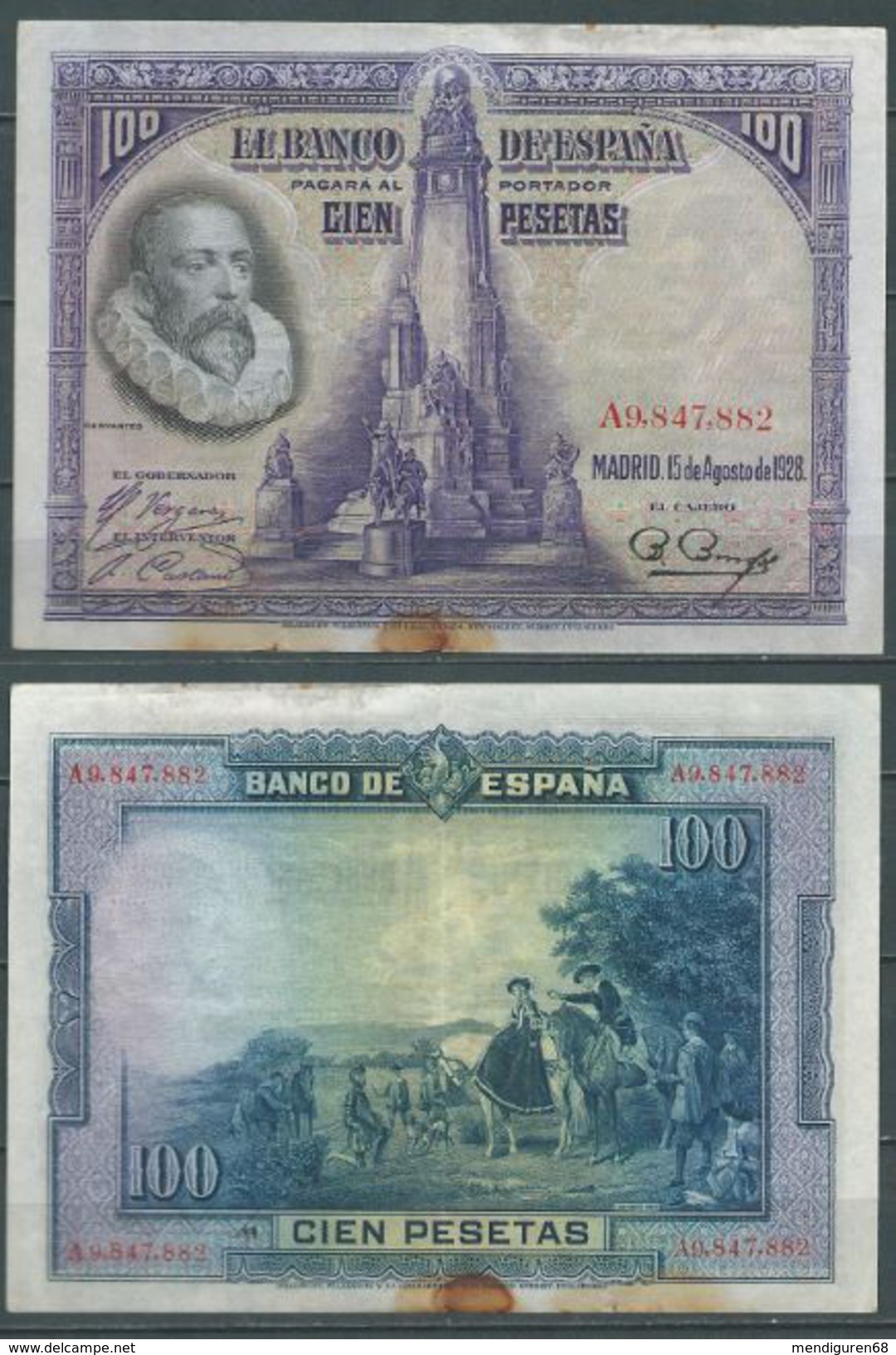 ESPAGNE SPANIEN SPAIN ESPAÑA 1928 15 DE AGOSTO 100 PTAS WITH OXIDE CON MANCHA OXIDO - 100 Peseten