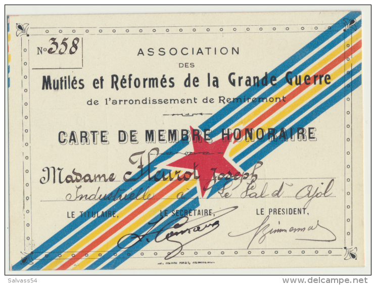 88 - REMIREMONT : Carte De Membre Honoraire De L´association Des Mutilés Et Réformés De La Grande Guerre - 1914-18