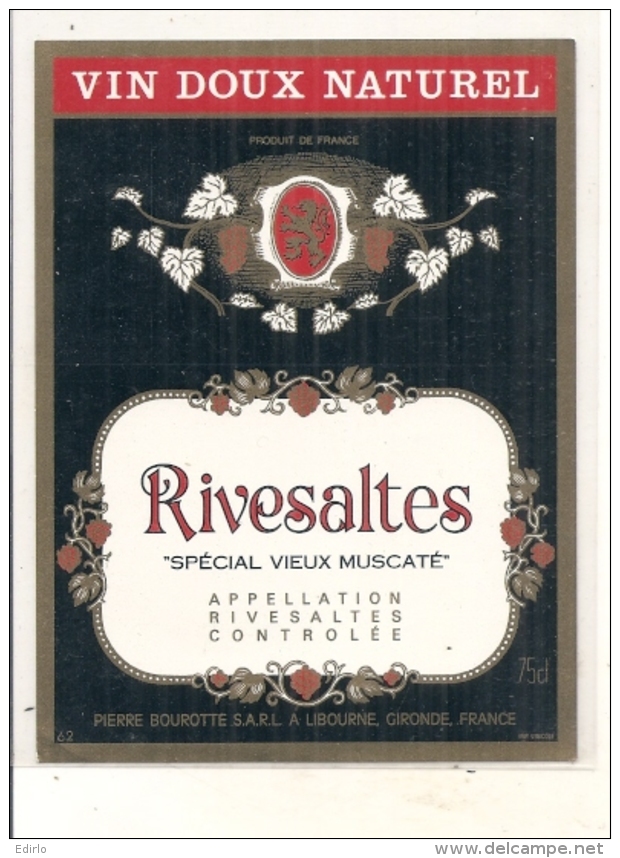 étiquette - Années 1972/1980* - RIVESALTES  Vin Doux Naturel - Pierre Bourotte - LIBOURNE  - - Blancs