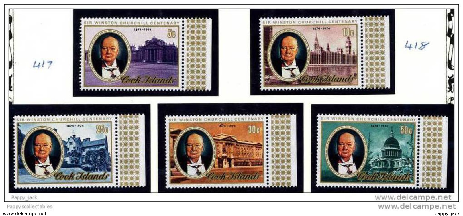 COOK ISLANDS 1974 CHURCHILL CAMEO & London Scenes 5 PERF, Marginal Right Sides MNH - Sir Winston Churchill