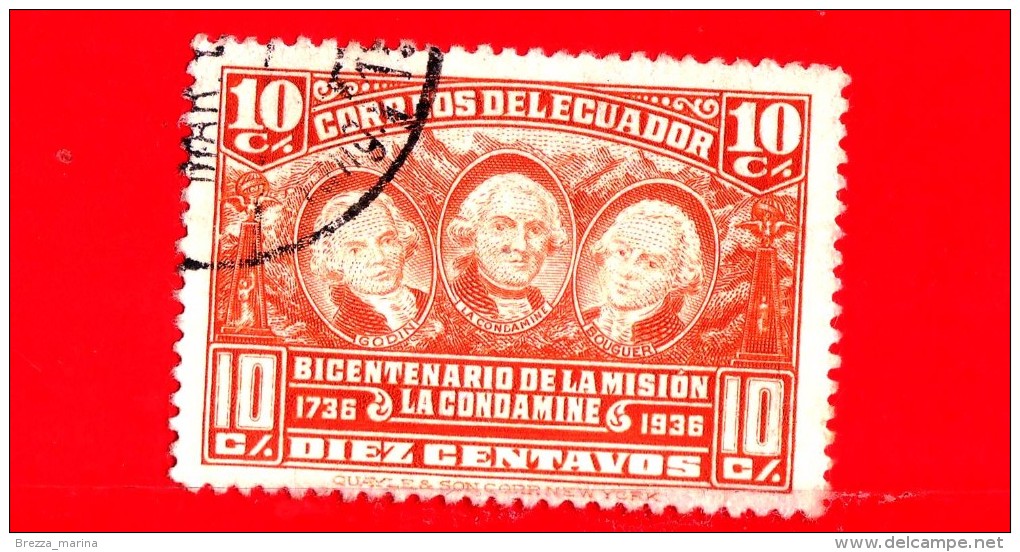 ECUADOR - Usato - 1936 - Bicentenario Della Spedizione Scientifica La Condamine - Ulloa, La Condamine E Juan - 10 - Ecuador