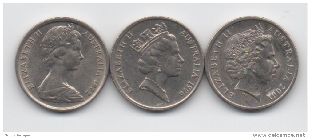 Australie : 5 Cents 1982-1996-2001 : 3 Générations De Portrait De La Reine QEII - 5 Cents