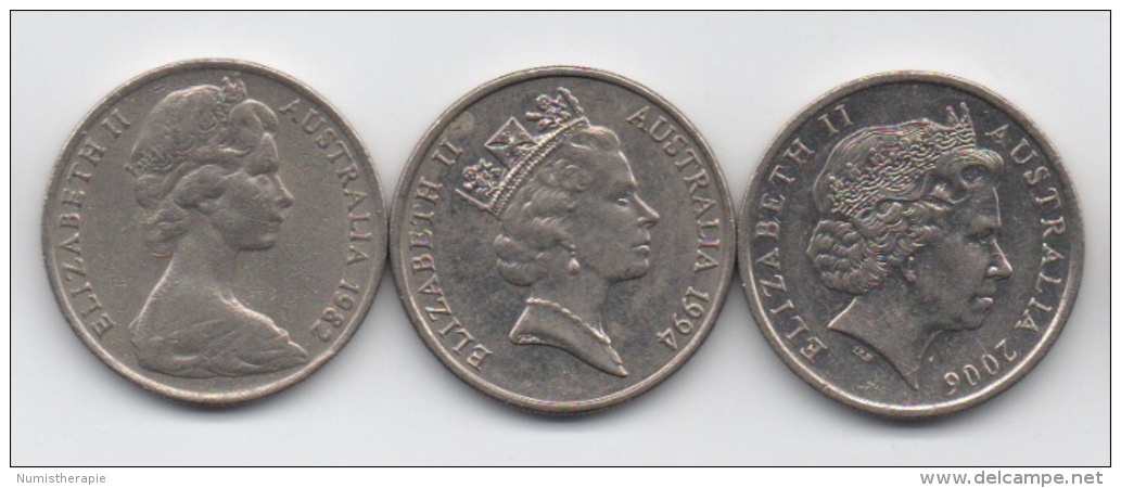Australie : 10 Cents 1982-1994-2006 : 3 Générations De Portrait De La Reine QEII - 5 Cents