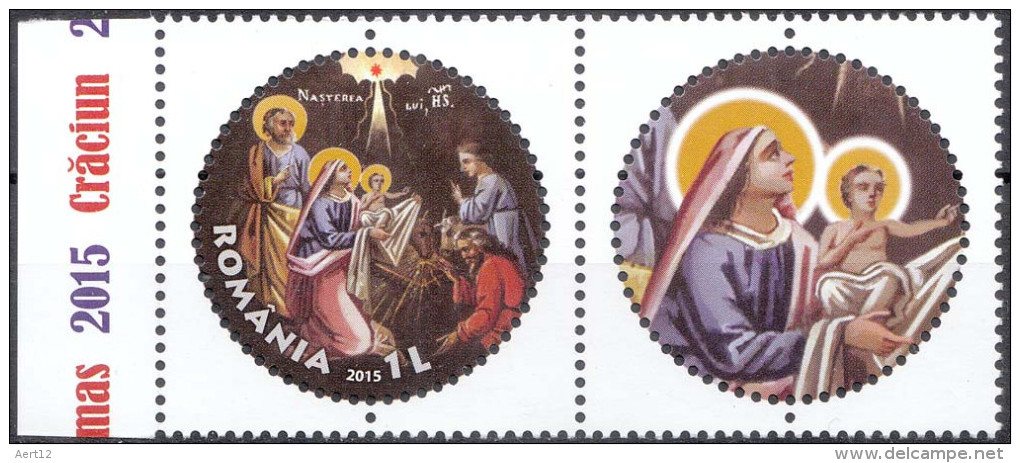 ROMANIA, 2015, Christmas, Religion, Painting, Icon, Round Stamp, Set Of 1 + Label, MNH (**), LPMP 2082 - Unused Stamps