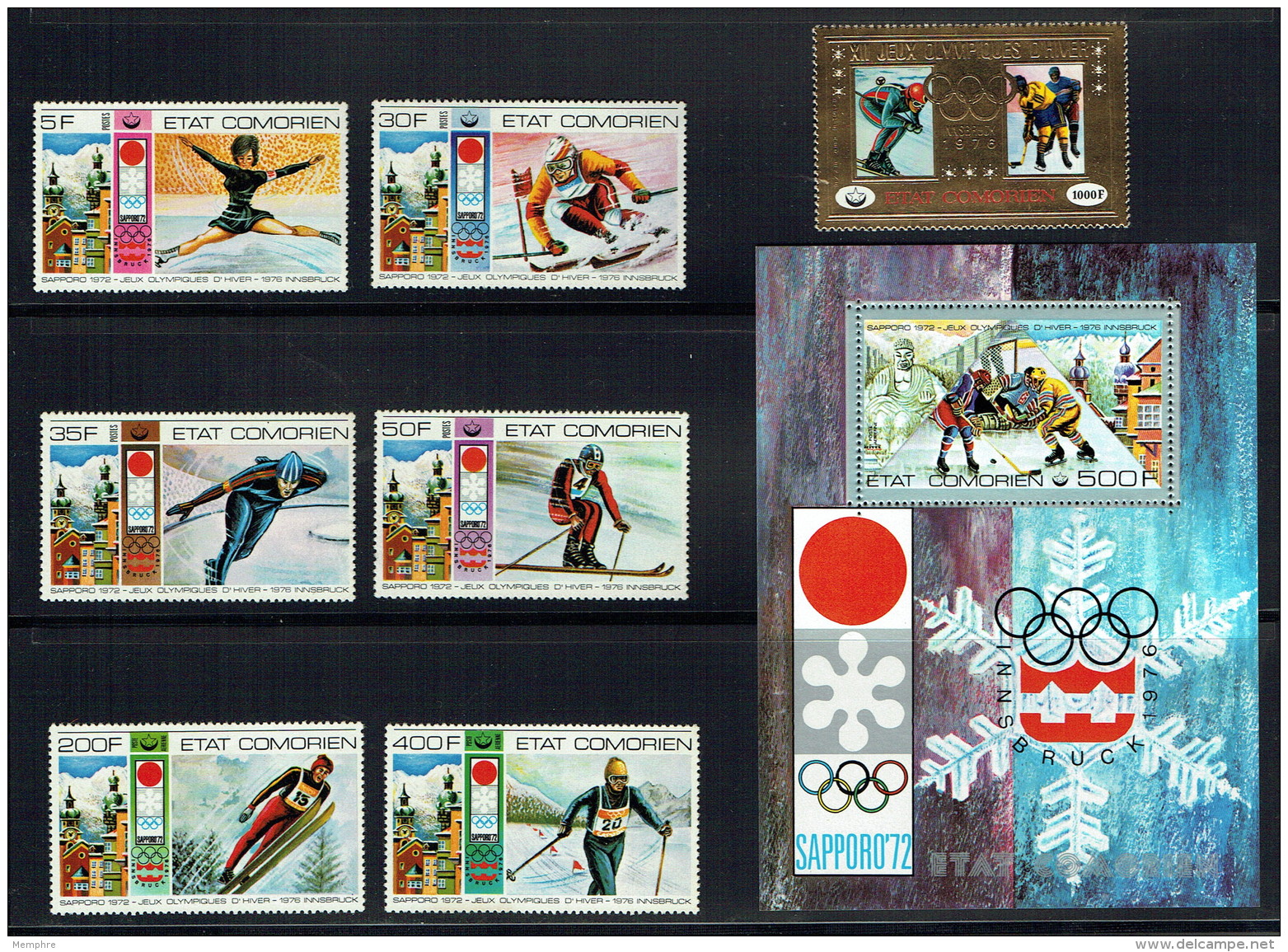 1976 Jeux Olympiques D'hiver De Sapporo 6 Timbres, 1 Timbre Or, 1 Bloc-feuillet  Tous ** - Komoren (1975-...)