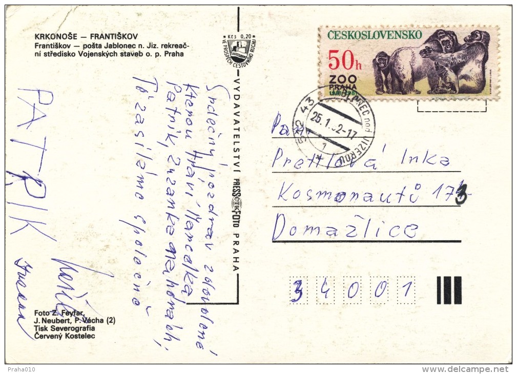 L0653 - Czechoslovakia (1982) 512 43 Jablonec Nad Jizerou (postcard: Krkonose Mountains) Tariff: 50 H (stamp: ZOO Praha) - Gorilles