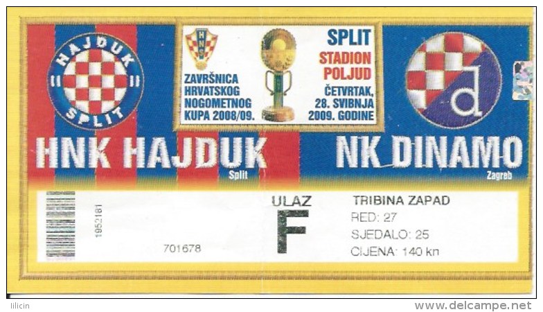 Sport Match Ticket UL000401 - Football (Soccer / Calcio) - Hajduk Split Vs Dinamo Zagreb: 2008-05-14 - Match Tickets