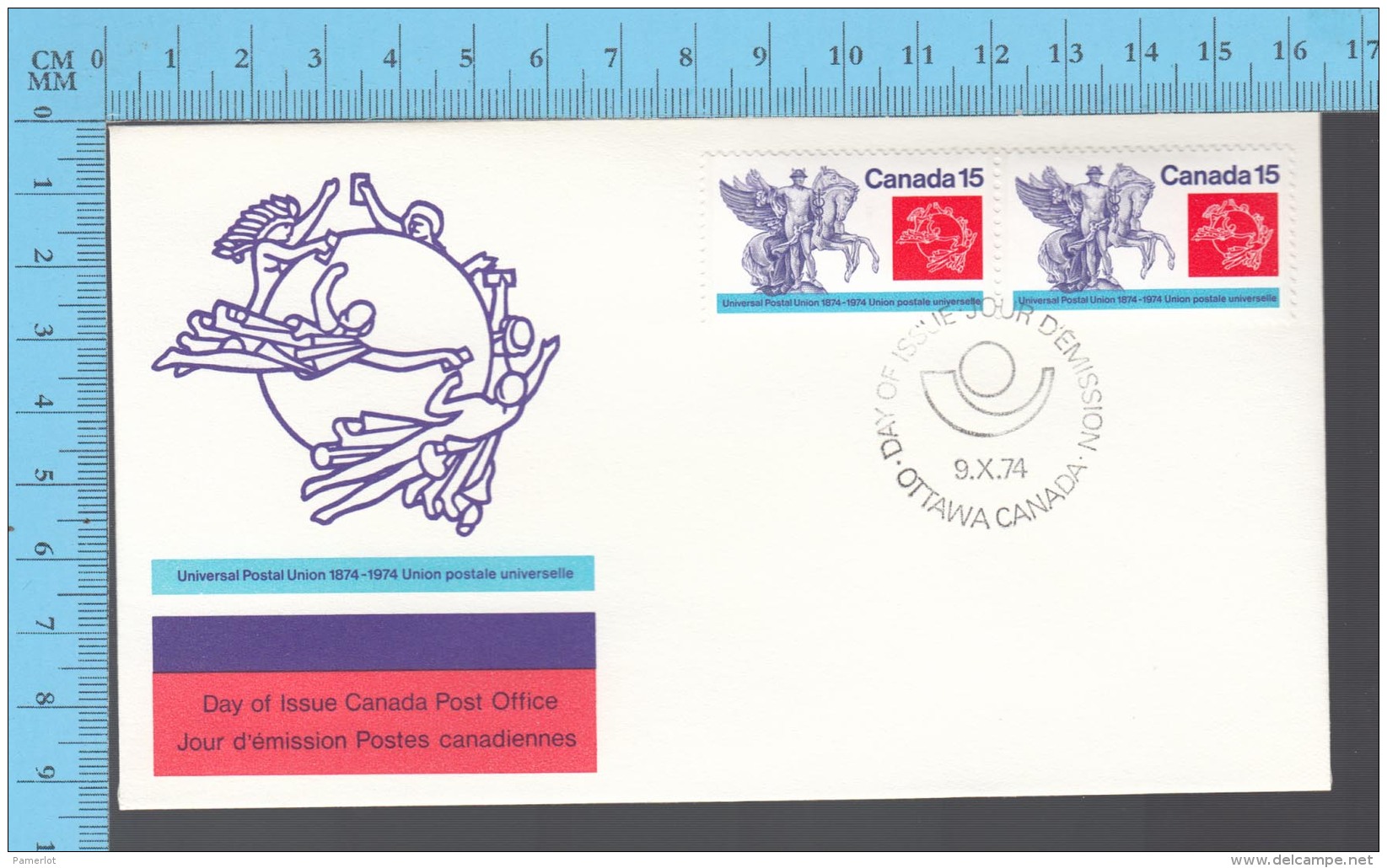 Canada - 1974   Pair Scott #649, Universal Postal Union Centenary, Mercury &amp; Winged Horses - Fancy Cancelation - Poste