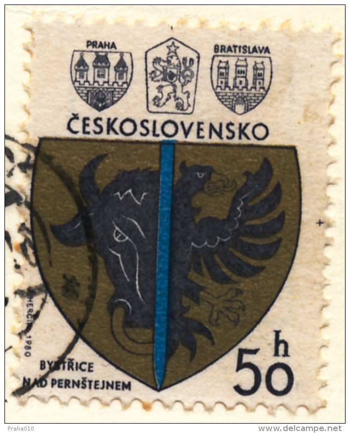 L0685 - Czechoslovakia (1980) Letiny (postcard: Spa Letiny) Tariff 50h (coat Of Arms: Bystrice N.P. - Shift Perforation) - Errors, Freaks & Oddities (EFO)