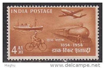 India MNH 1954, 4as Stamp Centenary, Airplane, Ship, Train, Cycling, Bicycle, Transport - Neufs