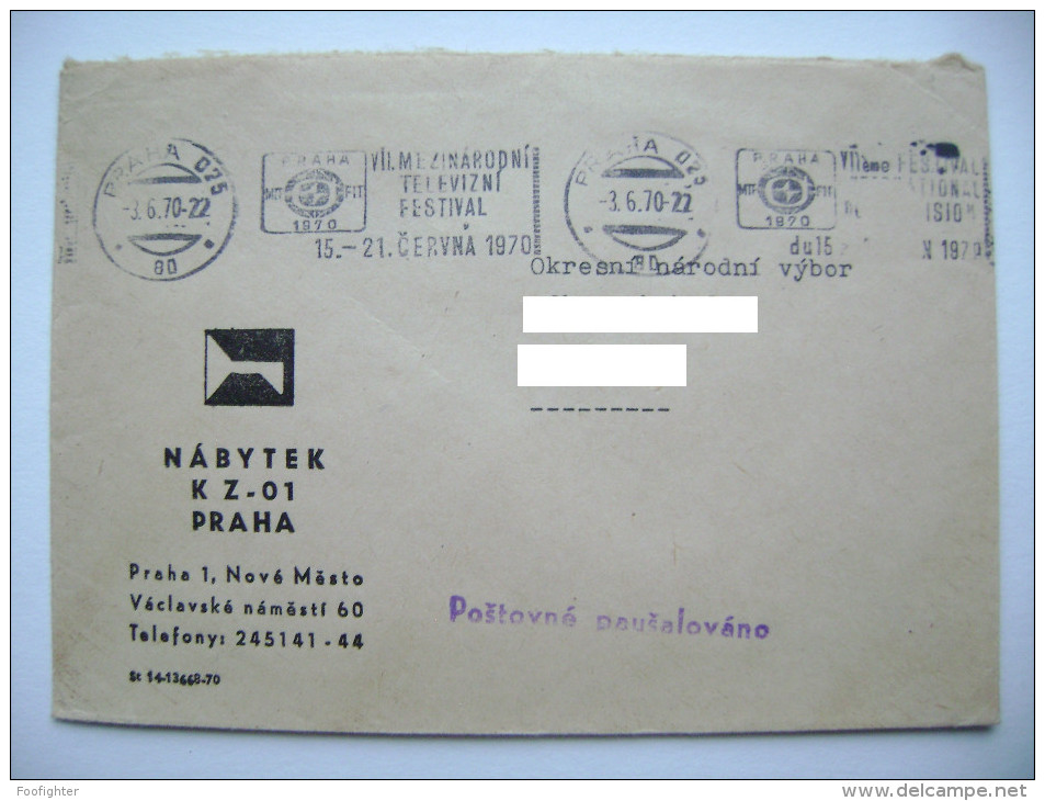 Cover Machine Postmark Slogan "MTF FIT Prague 1970 - VII. International Television Festival" Prepaid Postage - Cinema