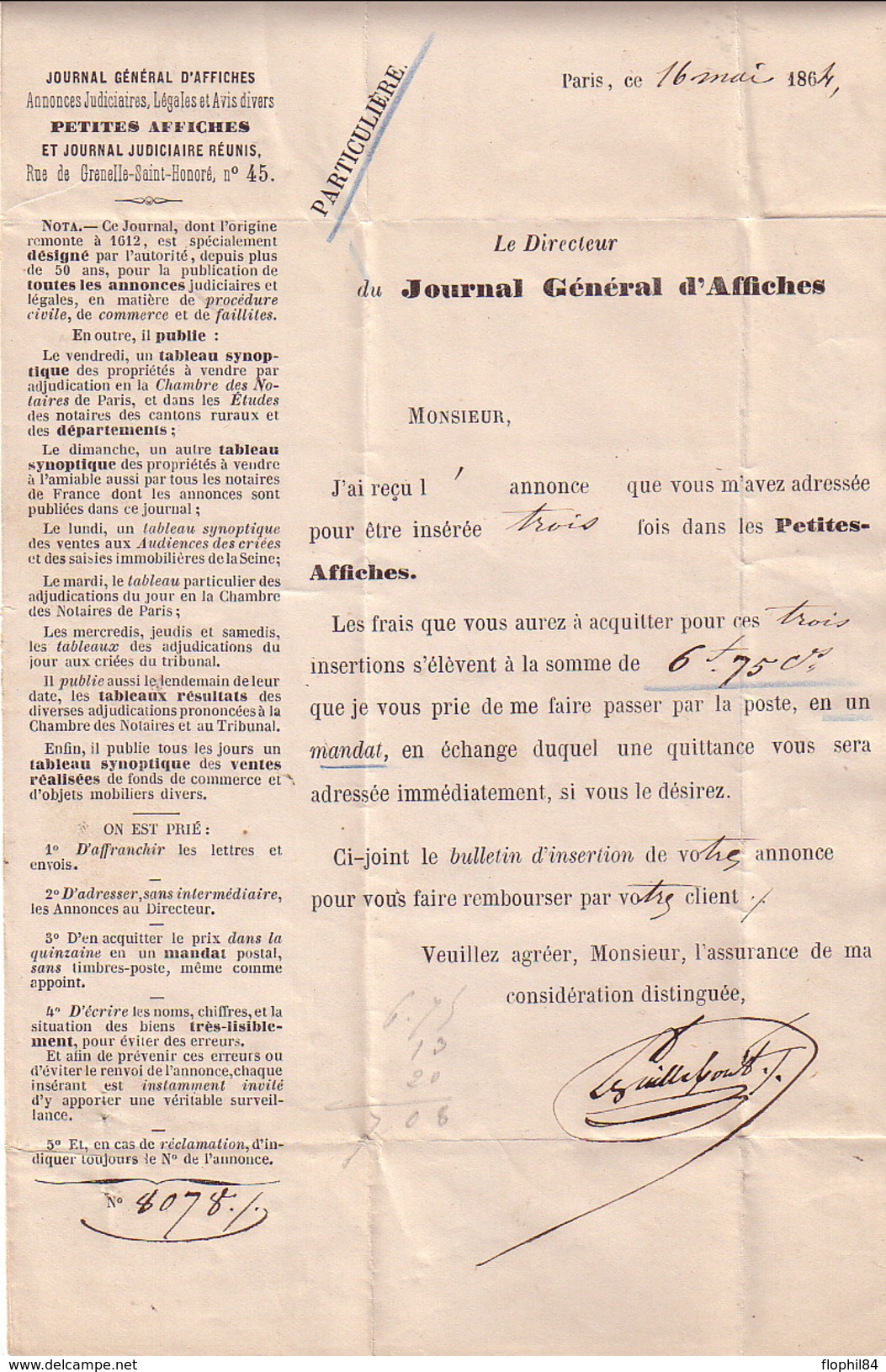 PARIS - 3e (30c) ROUTE ECHOPPE A DROITE - 16 MAI 1864 - LETTRE DU JOURNAL GENERAL D'AFFICHES RUE GRENELLE PARIS AVEC SIG - 1859-1959 Lettres & Documents