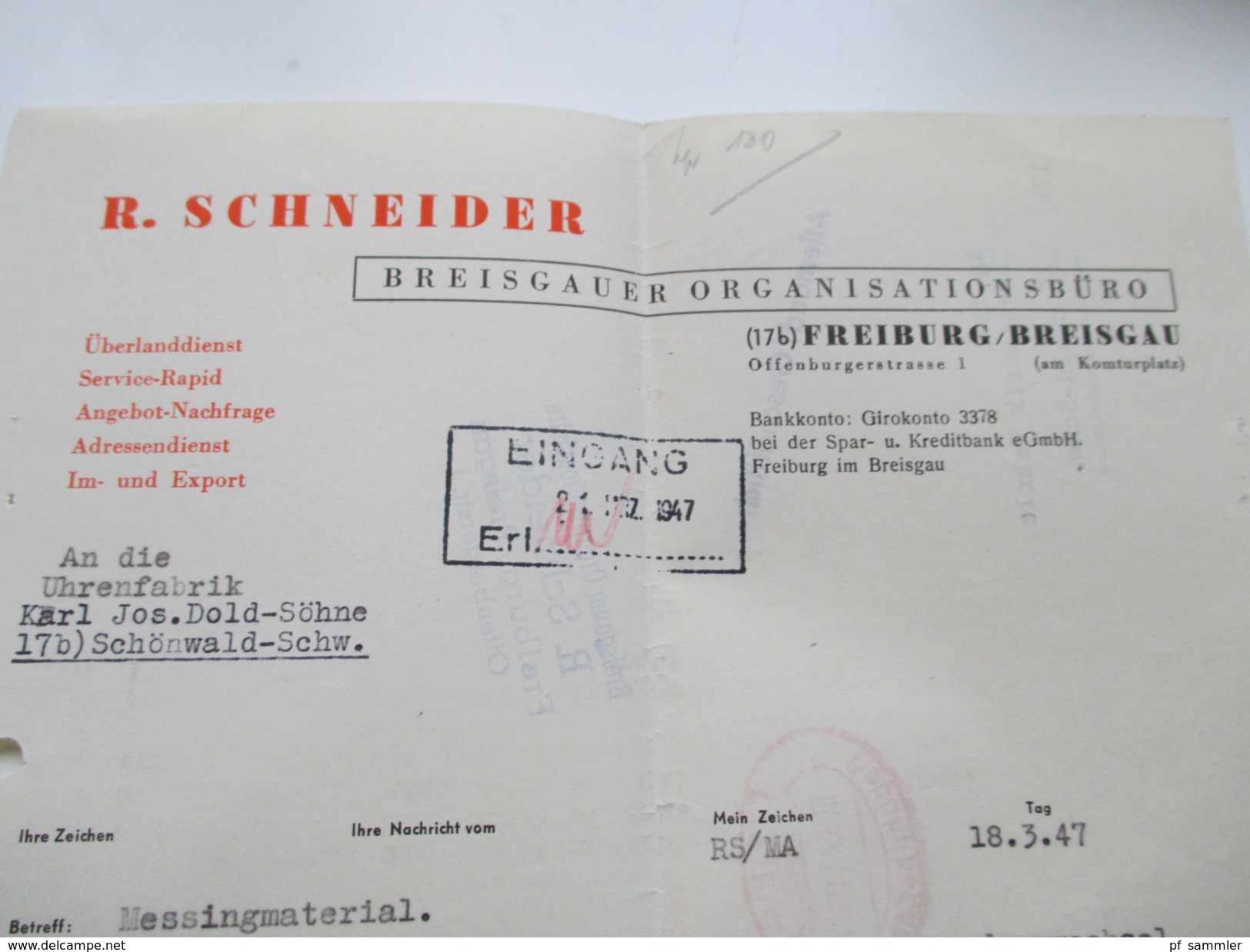 All. Besetzung 1947 roter Gebühr bezahlt Stempel Freiburg Breisgau R. Schneider Breisgauer Organisationsbüro