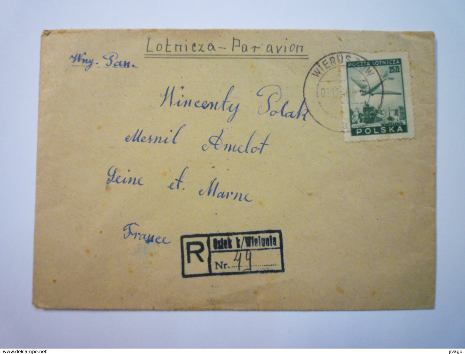 ENVELOPPE REC Au Départ De  WIELUNIA  à Destination De MESNIL-ANCELOT  1946 ?  - Covers & Documents