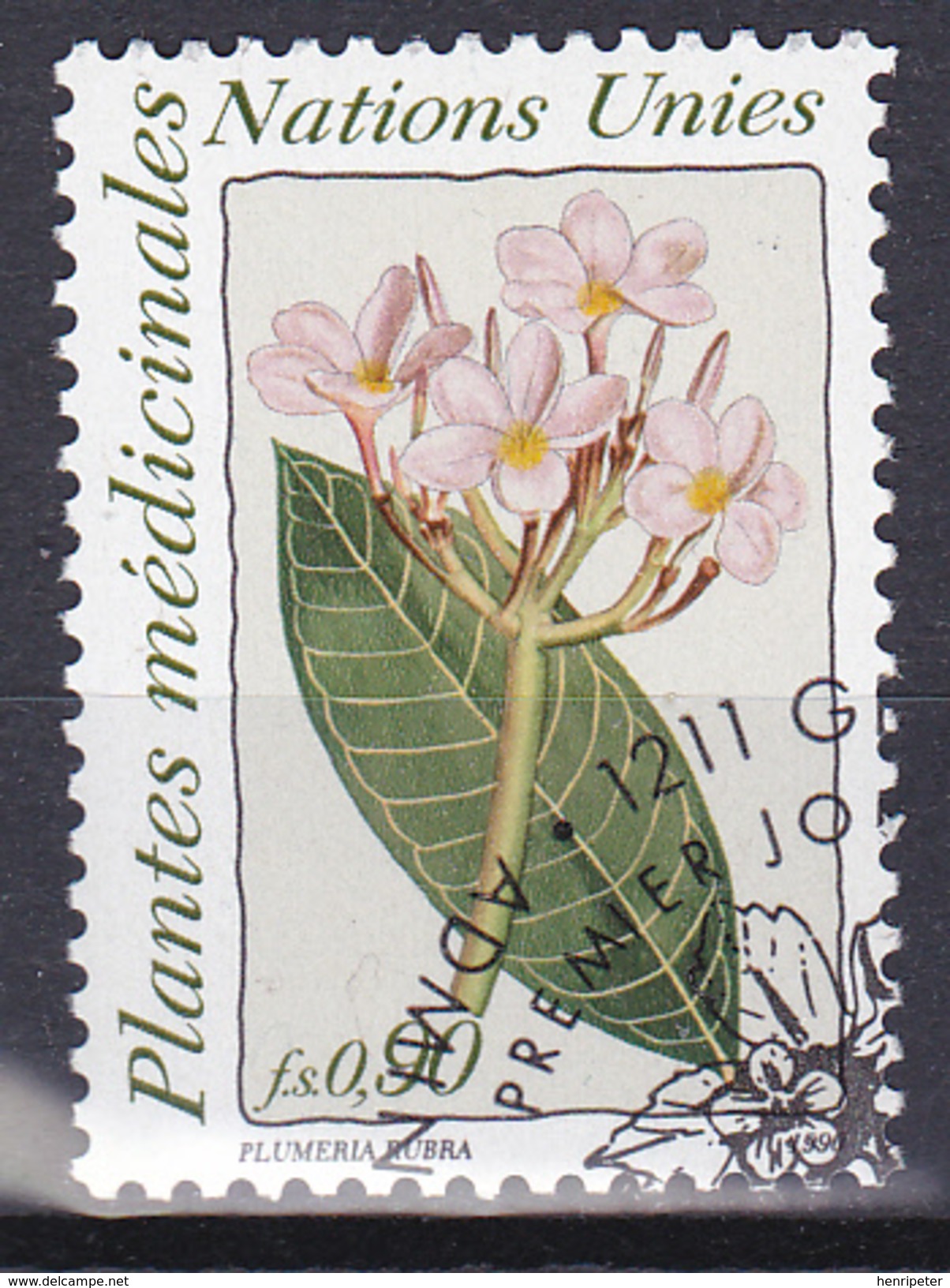 Timbre-poste Oblitéré - Plante Médicinale Frangipanier Rouge Plumeria Rubra - N° 190 (Yvert) - NATIONS UNIES Genève 1990 - Used Stamps