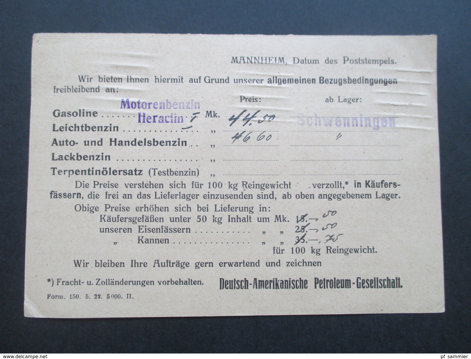 DR 1924 Korbdecke Nr. 338 EF Drucksache Benzin / Gasol / Heizöl / Petroleum Benzin Ausweis! - Briefe U. Dokumente