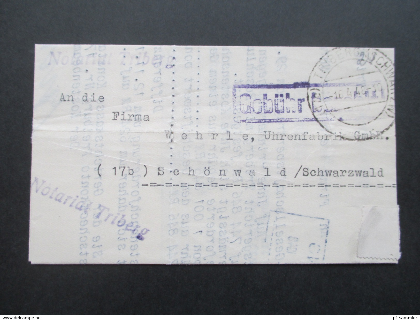 Alliierte Besetzung 1948 R1 Gebühr Bezahlt (lila) Triberg (Schwarzwald) Gesellschaftervertrag Notariat Triberg - Autres & Non Classés