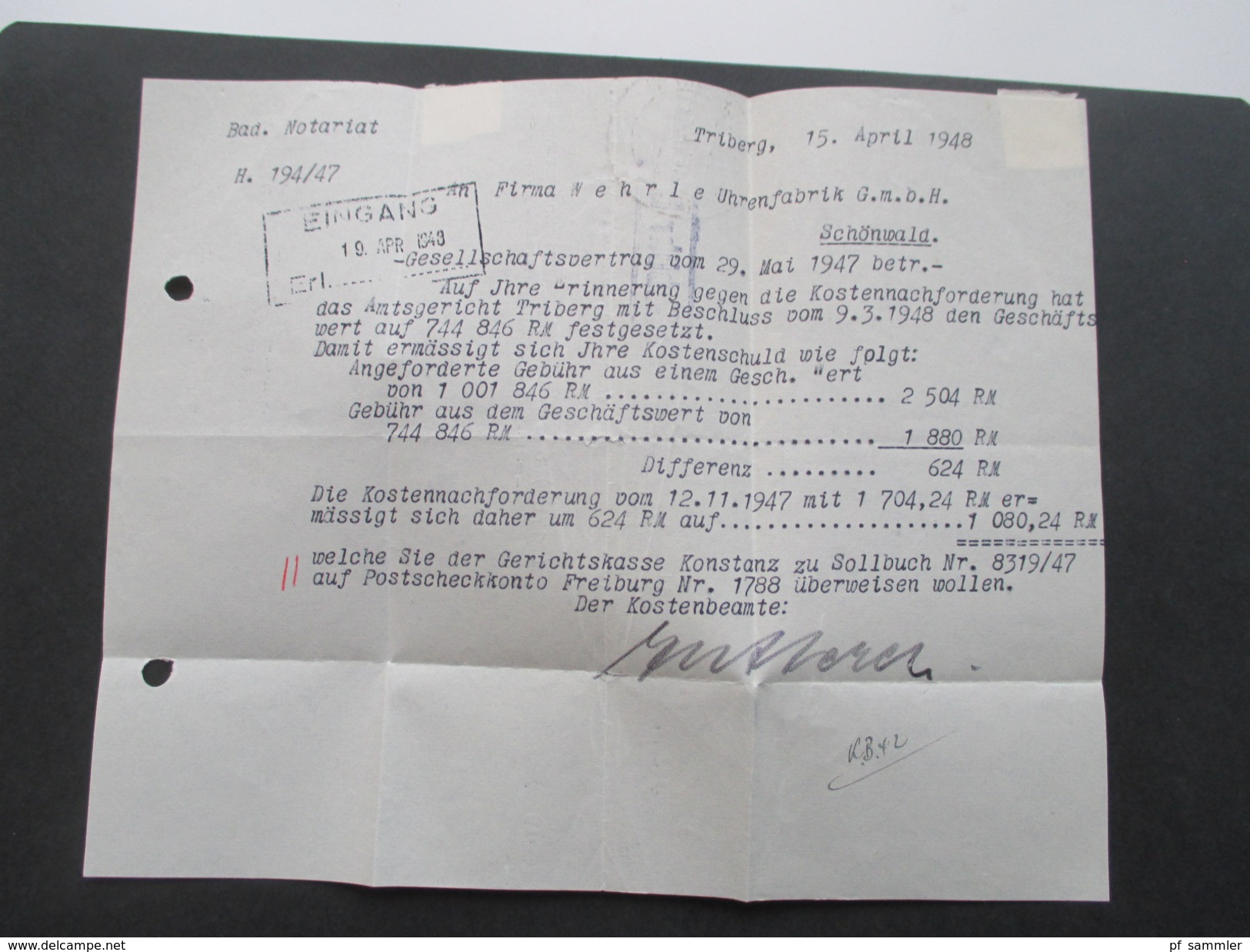 Alliierte Besetzung 1948 R1 Gebühr Bezahlt (lila) Triberg (Schwarzwald) Gesellschaftervertrag Notariat Triberg - Andere & Zonder Classificatie