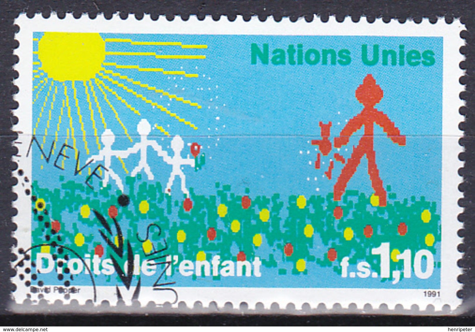 Timbre-poste Oblitéré - Les Droits De L'Enfant Oeuvre De David Papper - N° 211 (Yvert) - NATIONS UNIES Genève 1991 - Usati