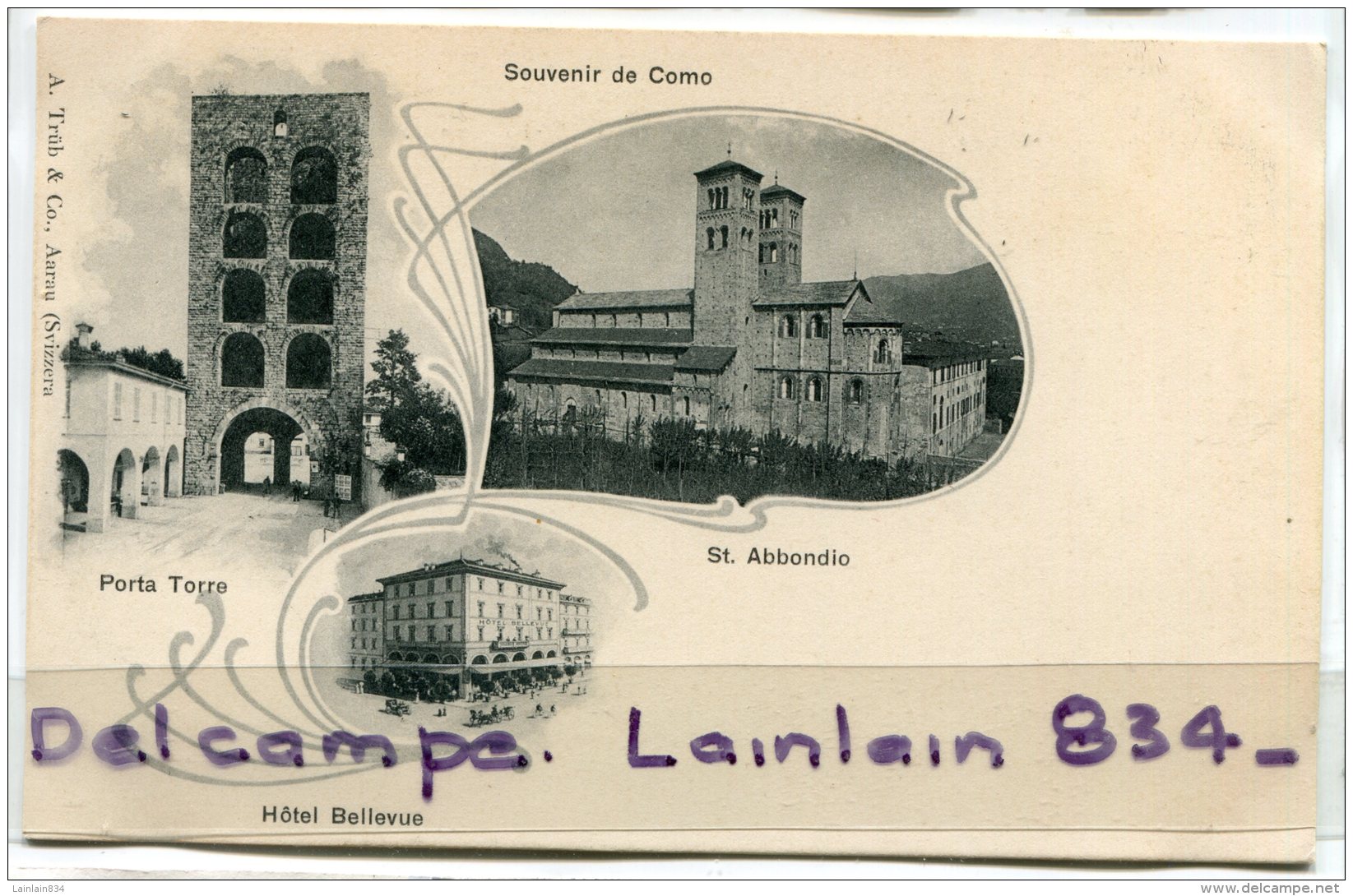 - Souvenir De Como - 3 Vues, St. Abbondoi, Hôtel Bellevue, Porta Torre, Précurseur, Non écrite, TTBE, Scans. . - Como