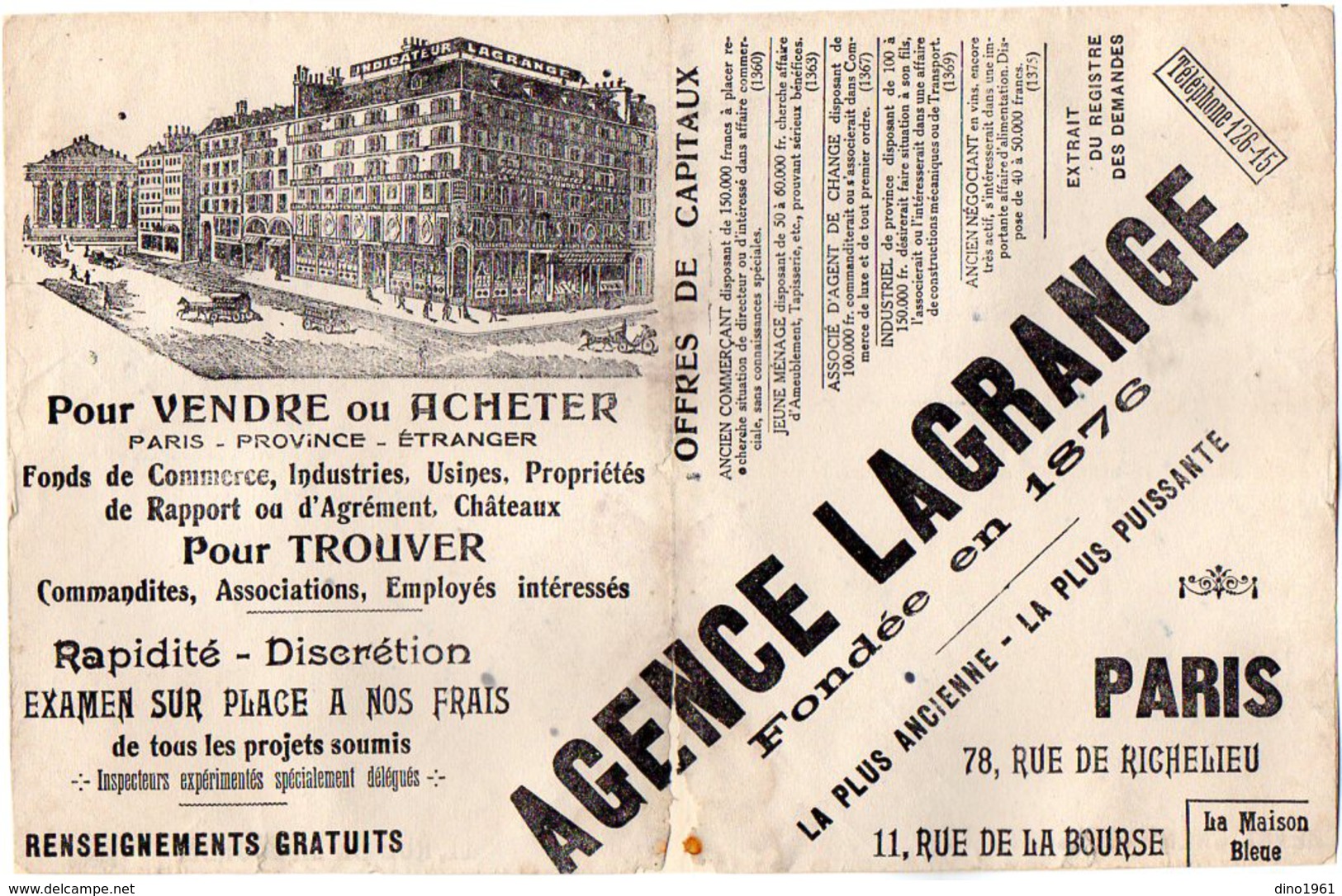 VP6271 - Buvard - Agence LAGRANGE à PARIS Rue De Richelieu & De La Bourse - A