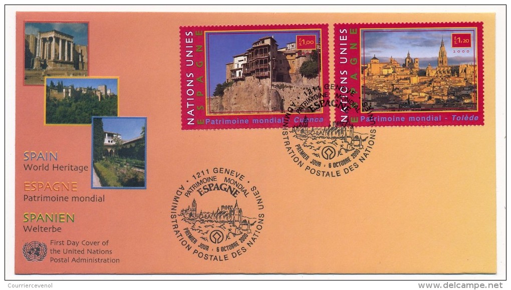 NATIONS UNIES GENEVE - 3 FDC "Espagne, Patrimoine Mondial" - Octobre 2000 - Protección Del Medio Ambiente Y Del Clima