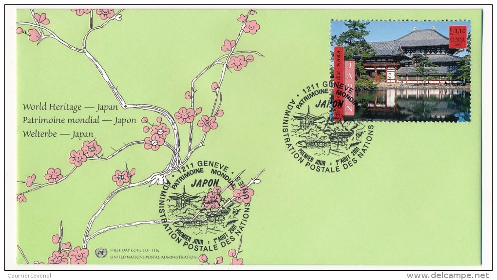 NATIONS UNIES GENEVE - 3 FDC "Japon, Patrimoine Mondial" - Aout 2001 - Protezione Dell'Ambiente & Clima