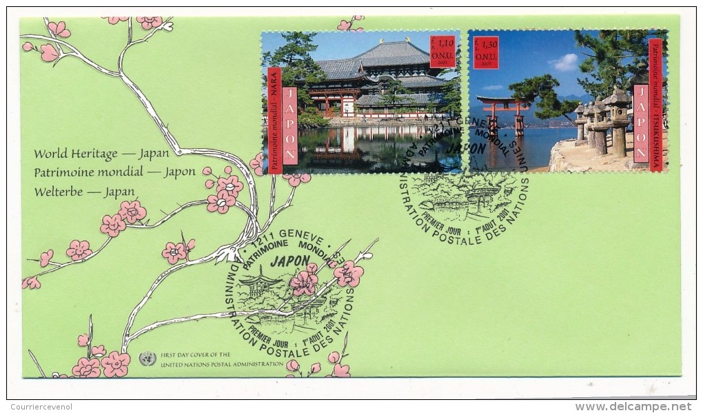 NATIONS UNIES GENEVE - 3 FDC "Japon, Patrimoine Mondial" - Aout 2001 - Protection De L'environnement & Climat