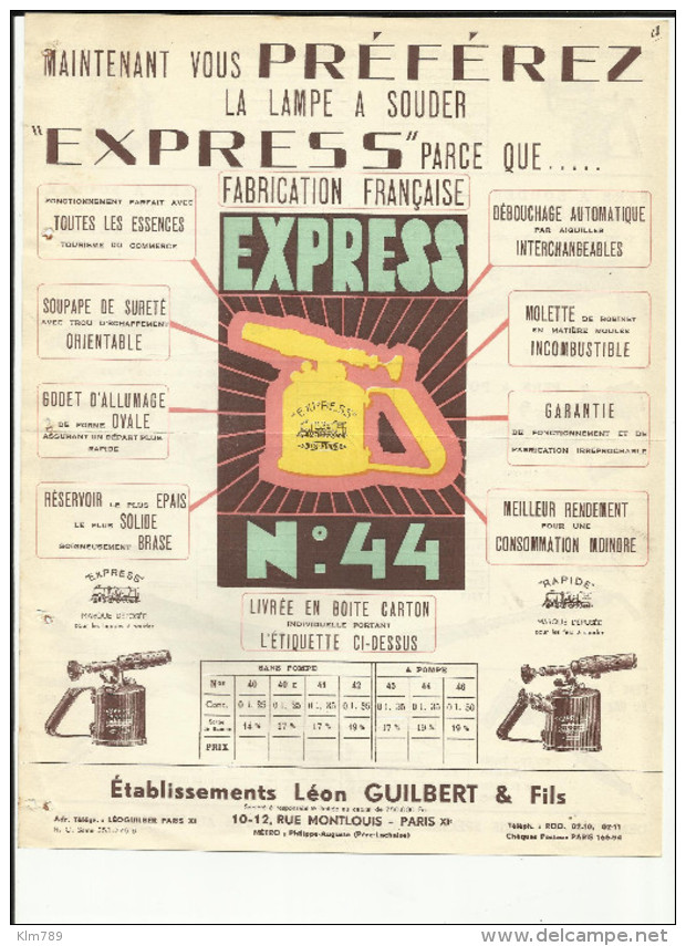 75 - Paris - Ets. L.guilbert - 10 Rue Montlouis - 11e-Lampes à Souder " Express " Illustrations - Réf.01 - Publicités