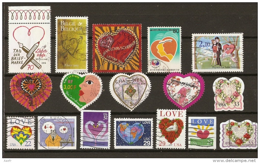 Coeur - Petit Lot De 17 Timbres Oblitérés - Vrac (max 999 Timbres)