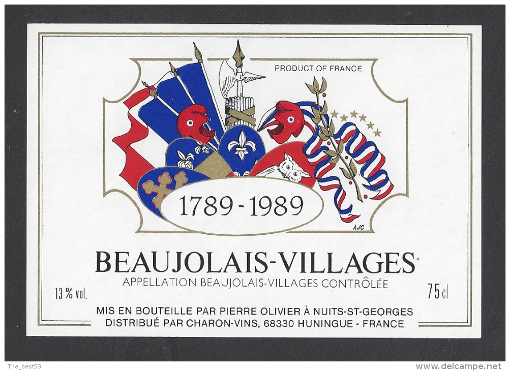 Etiquette De Vin Beaujolais Village 1989  -  Bicentenaire De La Révolution  -  P. Ollivier à Nuits Saint Georges (21) - 200 Jahre Französische Revolution