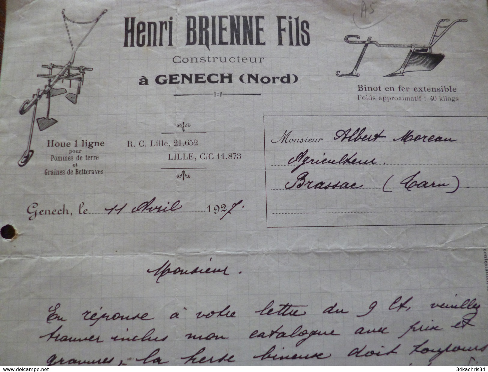 Facture Illustrée Genech Nord Agriculture Henri Brienne Fils Constructeur Machines Agricoles - Agriculture