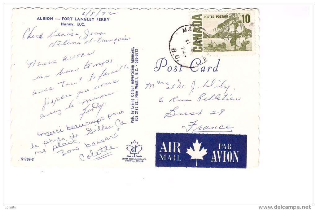 Canada Haney Albion Fort Langley Ferry Bateau Bac Cachet 1972 - Other & Unclassified