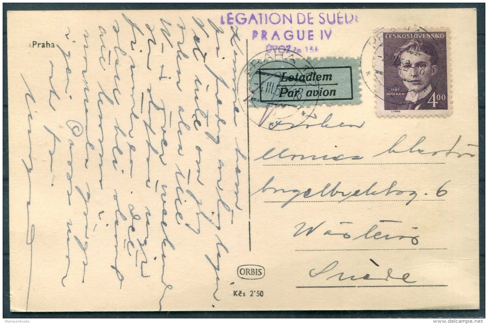 1952 Praha Prague Postcard Airmail Legation De Suede, Swedish Legation - Sweden - Covers & Documents