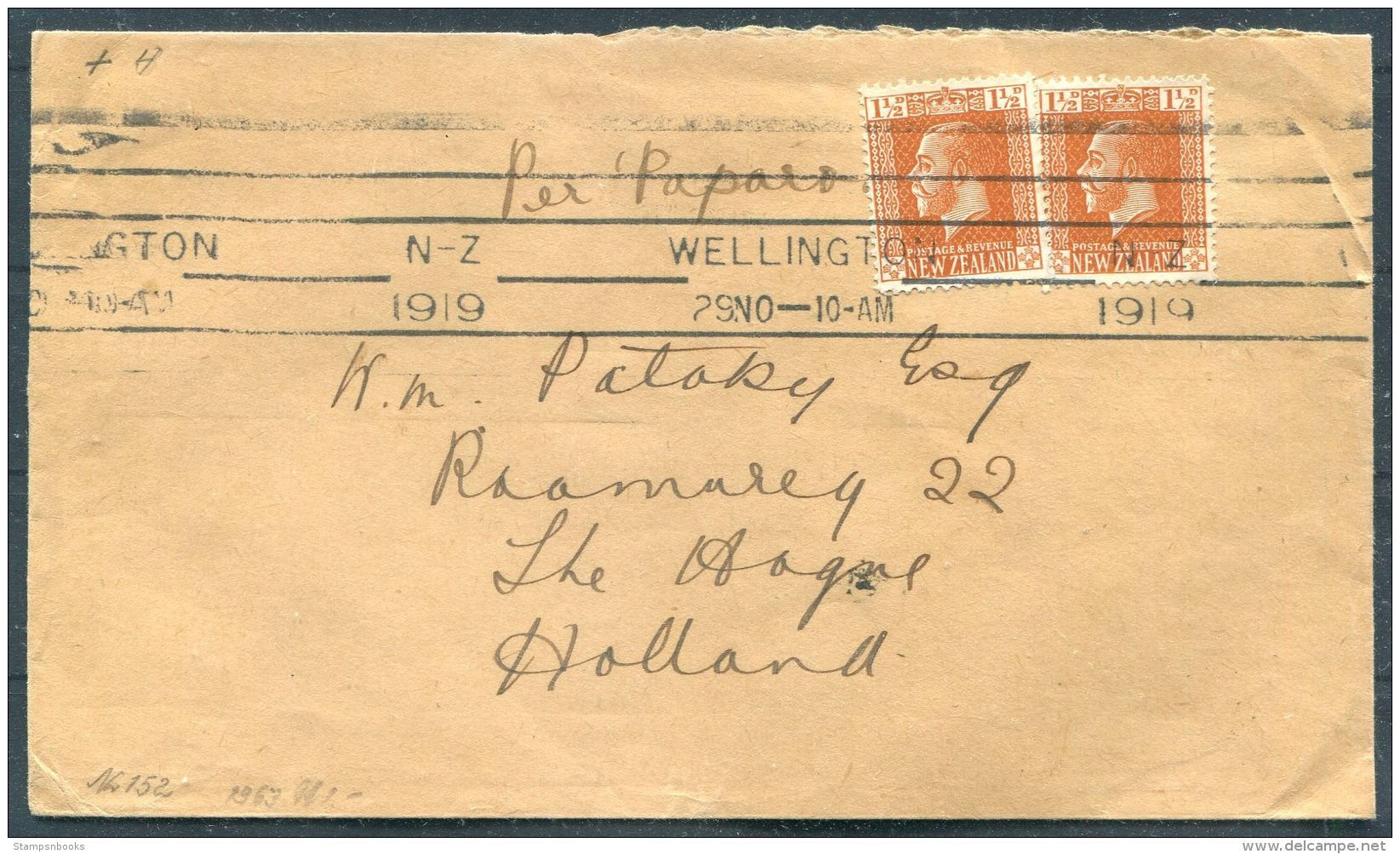 1919 New Zealand Wellington Baldwin &amp; Hatward, Patent Agents, Engineers, Lambton Quay Cover -  The Hague, Holland - Briefe U. Dokumente