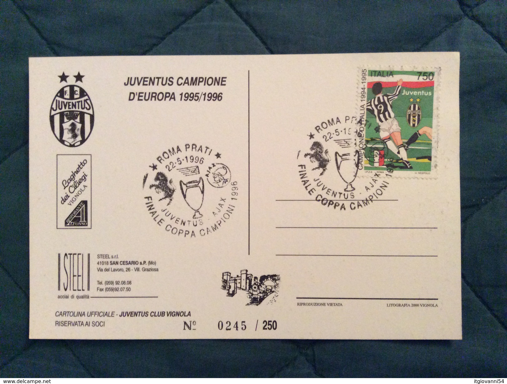 Cartolina Ufficiale Juventus Club Vignola (MO) Juventus Campione D'Europa 1995/96 - Calcio