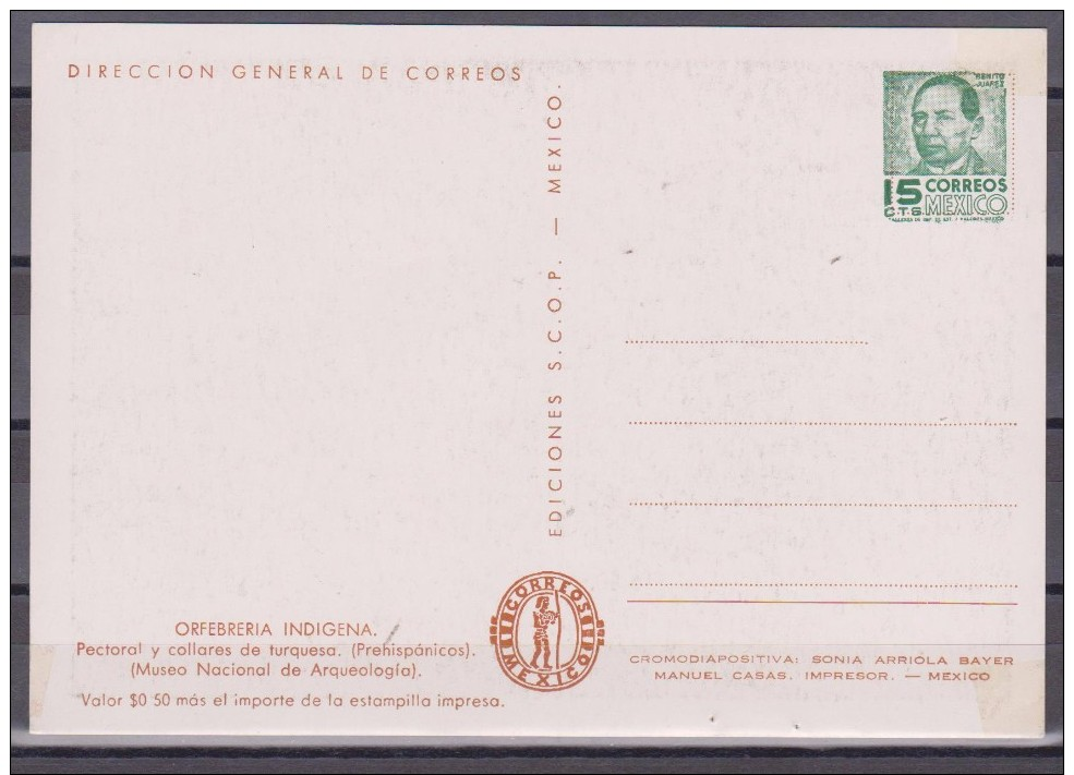 MEXICO POSTAL STATIONARY GOLD INDEAN BENITO JUAREZ 15 CENTS PRE PAID - Mexique