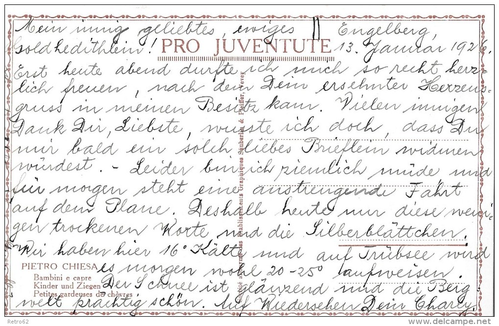 PRO JUVENTUTE-KARTE  &#8594; Kinder Und Ziegen   &#9658;13.01.1926&#9668; - Lettres & Documents