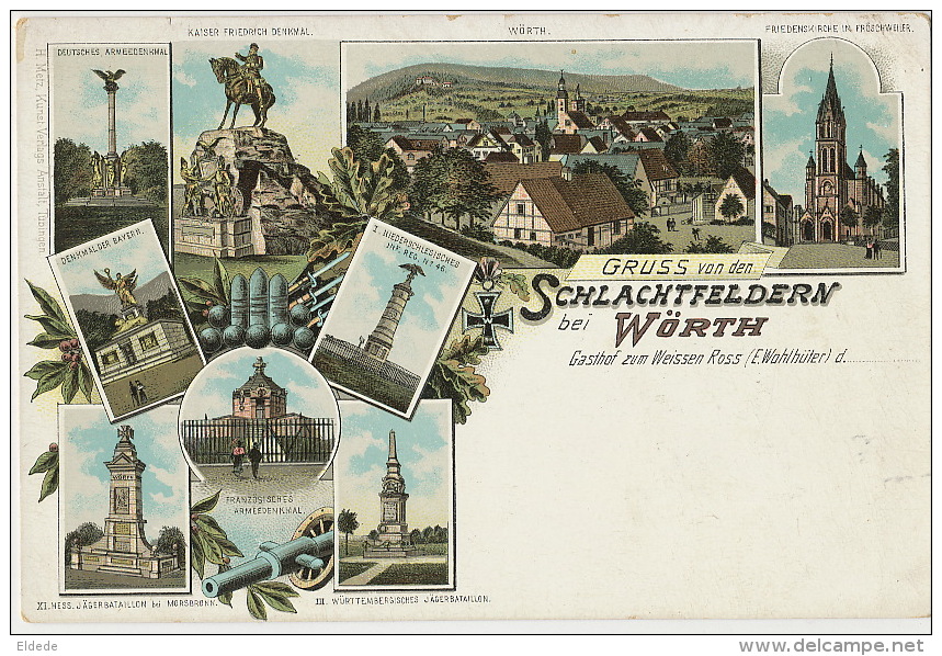 Litho Gruss Von Den Schlachtfeldern Bei Worth Gasthof Zum Weissen Ross E. Wahlhuter Edit Metz Tubingen - Wörth