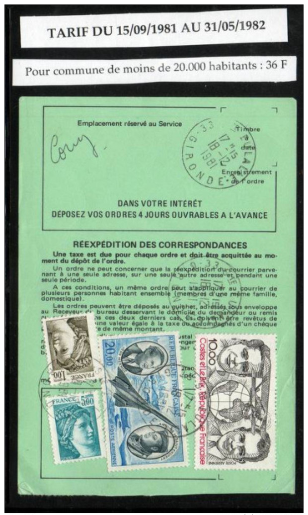 ORDRE De REEXPEDITION   Définitif   N° 755 A   Tarif Du 15/09/1981 Au 31/05/1982 Commune De - De 20000 Habitants (36 F) - 1961-....
